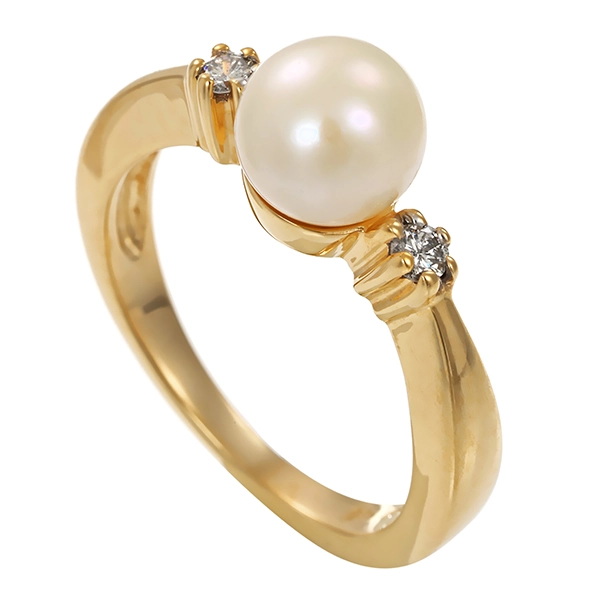 Ring, 14K, Gelbgold, Perle, Brillanten