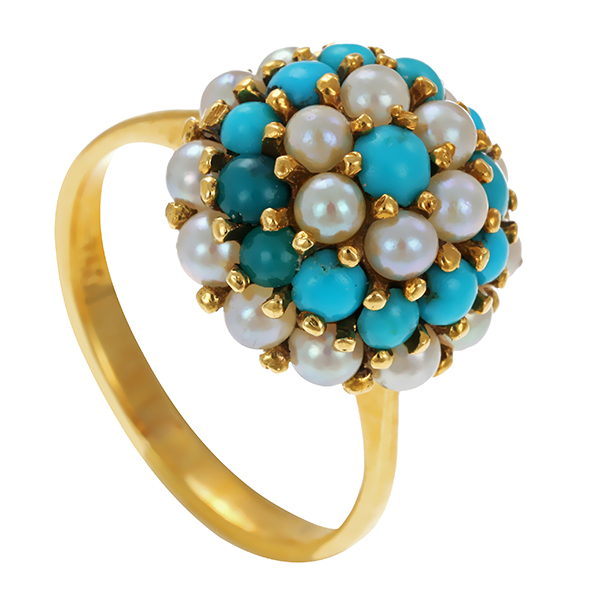 Ring, 18K, Gelbgold, Türkis, Perlen