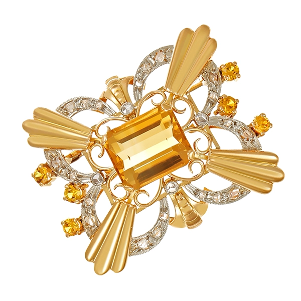 Brosche, 18K, Gelbgold, Citrin, Diamantrosen, Antikstil