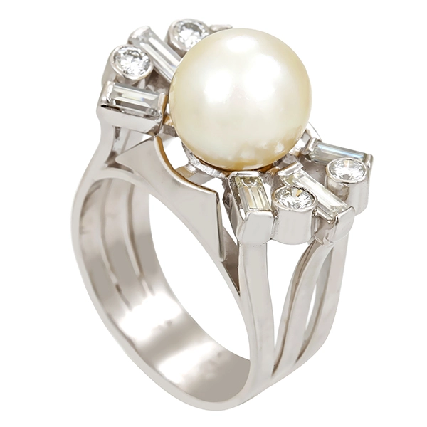 Ring, 14K, Weißgold, Perle, Diamanten, Brillanten