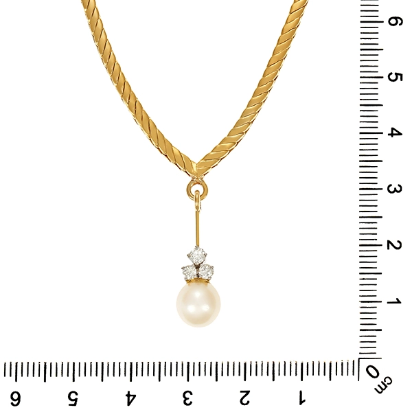 Collier, 18K, Gelb-/Weißgold, Perle, Brillanten, Diamant