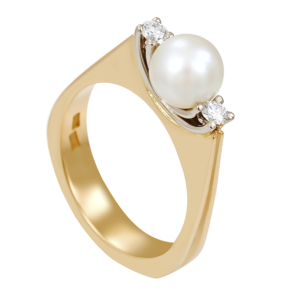 Ring, 18K, Gelb-/Weißgold, Perle, Brillanten