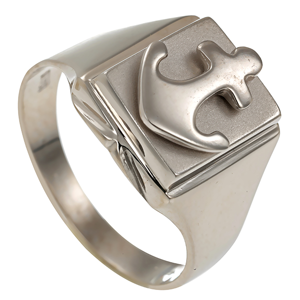 Herrenring, 14K, Weißgold, Anker