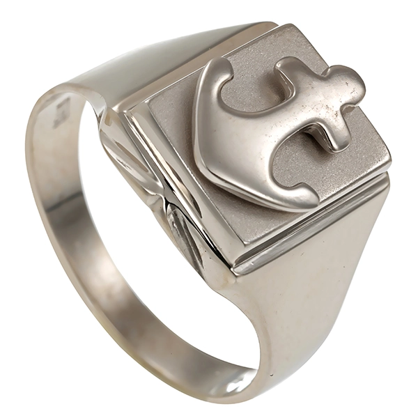 Herrenring, 14K, Weißgold, Anker