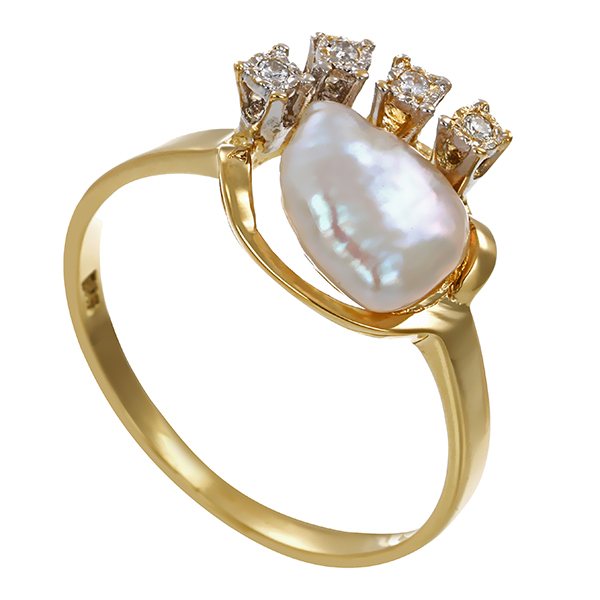 Ring, 14K, Gelbgold, 1 Zuchtperle, 4 Brillanten