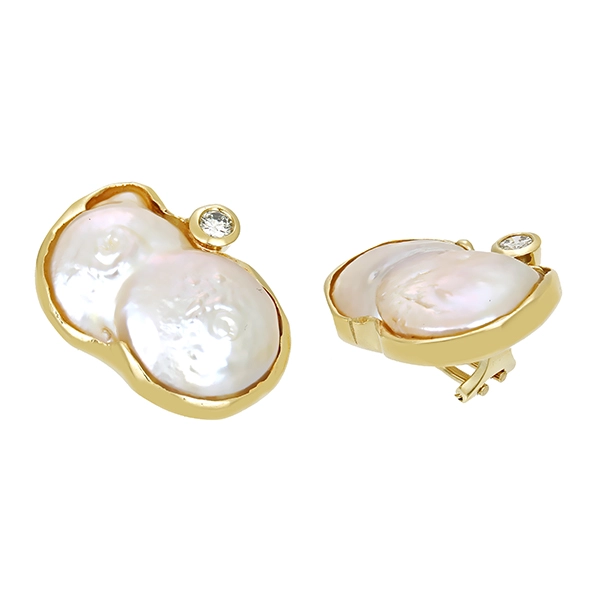 Ohrclip, 14K, Gelbgold, Perle, Brillant