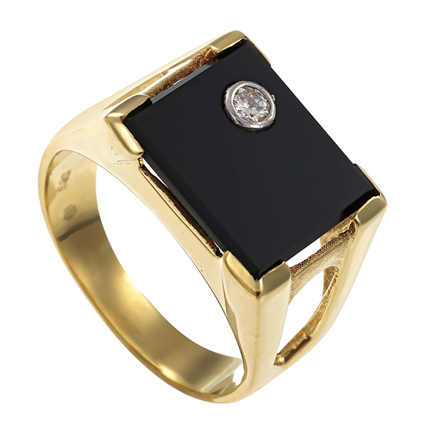 Herrenring, 14K, Gelb-/Weißgold, Onyx, Brillant