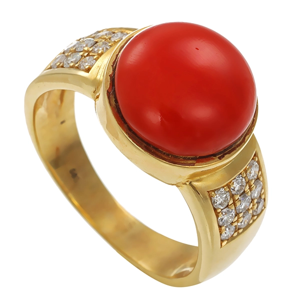 Ring, 14K, Gelbgold, Koralle, Brillanten 0,36 ct
