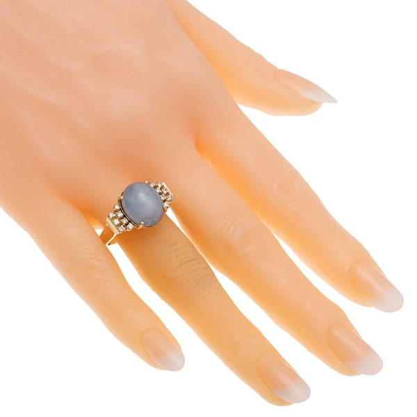 Ring, 18K, Gelbgold, Brillanten, synthetischer Sternsaphir