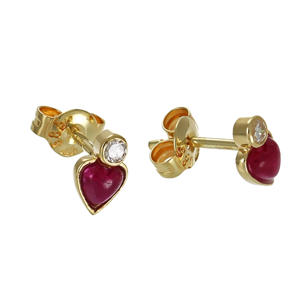 Ohrstecker, 14K, Gelbgold, Rubine Brillanten, Herz