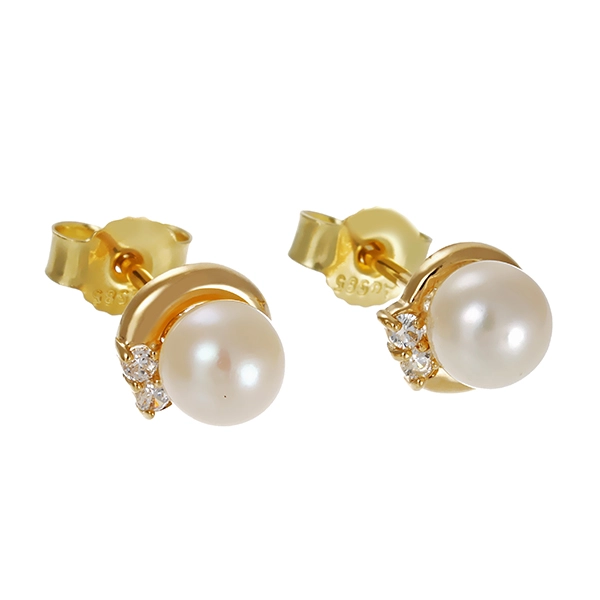 Ohrstecker, 14k, Gelbgold. 2 Zuchtperlen, 2 zirkonia