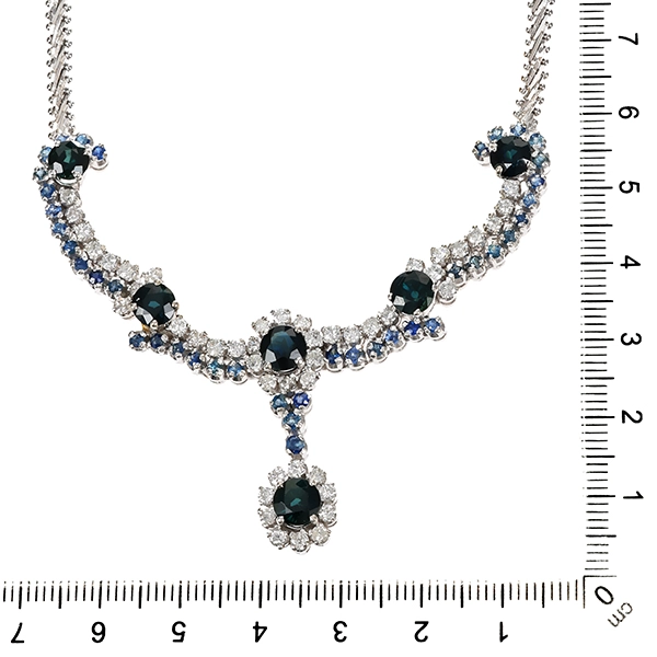 Collier, 18K, Weißgold, Saphire, Brillanten