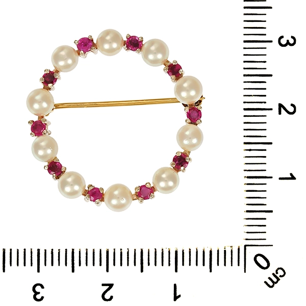 Brosche, 14K, Gelbgold, Perlen, Rubine