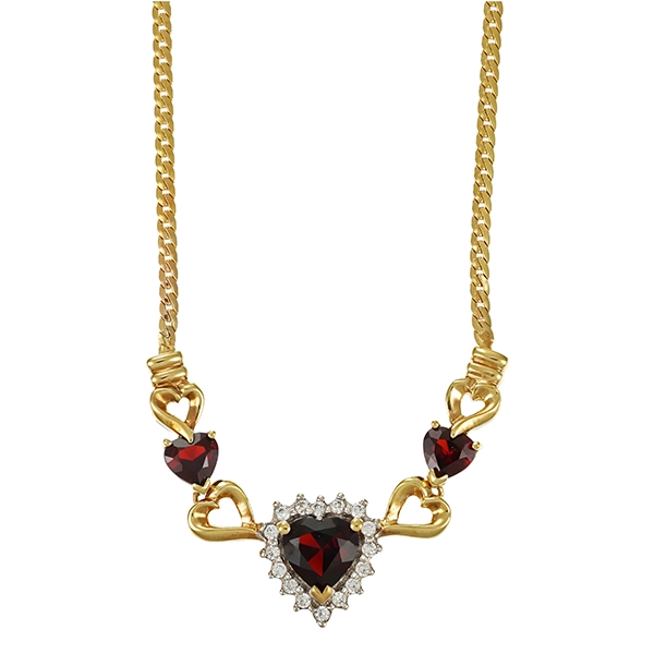 Collier, 8K, Gelbgold, Zirkonia, Granat, Herz