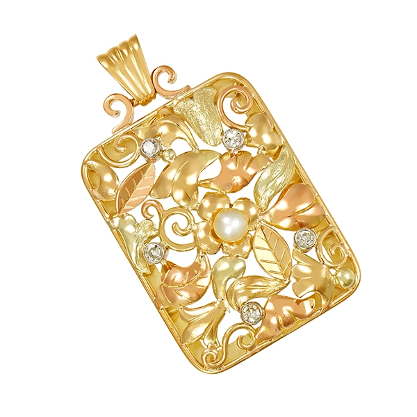 Anhänger, 14K, Gelb-/Rotgold, Diamanten, Perle