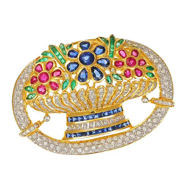 Brosche, 18K, Gelbgold, Saphir, Rubin, Smaragd, Brillanten