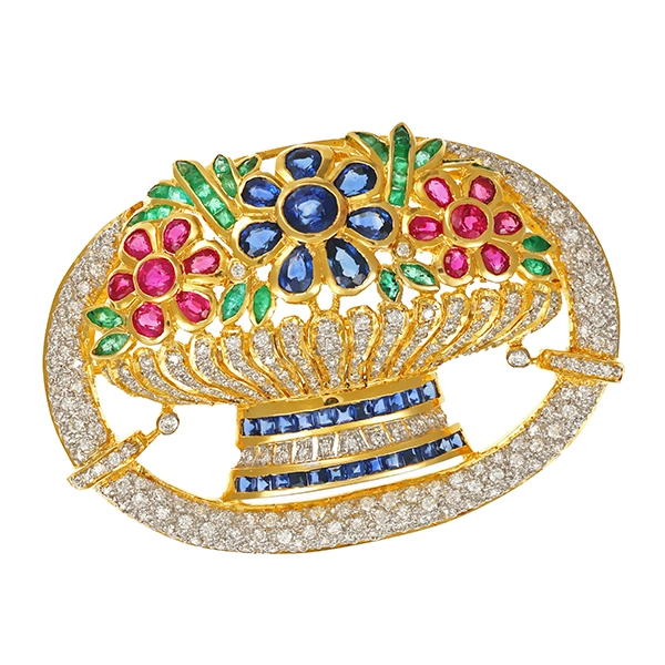 Brosche, 18K, Gelbgold, Saphir, Rubin, Smaragd, Brillanten