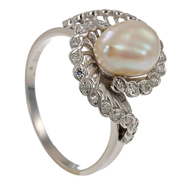 Ring, 14K, Weißgold, Perle, Diamant
