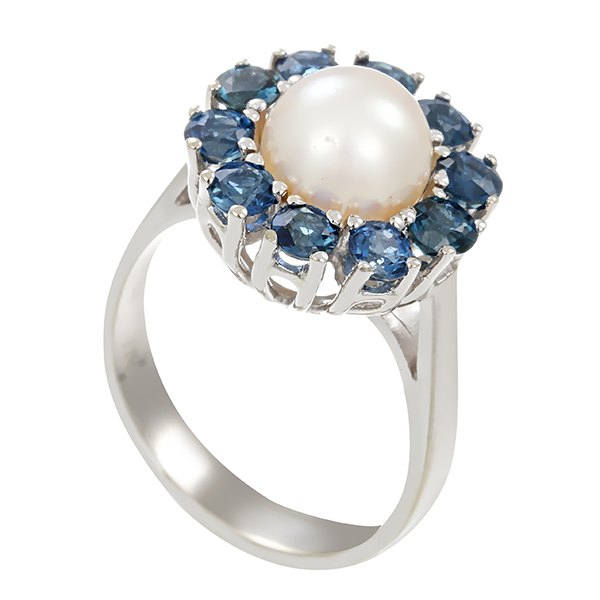 Ring, 18K, Weißgold, Perlen, Saphire