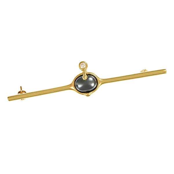 Brosche, 14K, Gelbgold, Haematit, Brillant