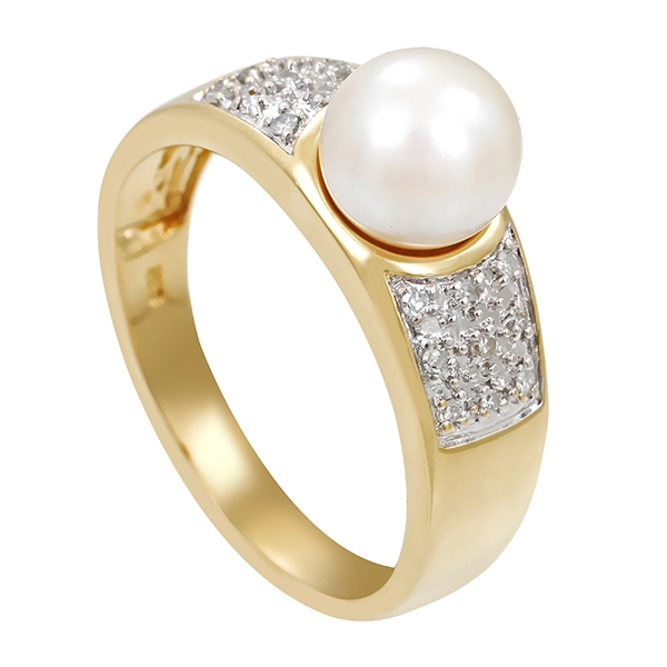 Ring, 14K, Gelb-/Weißgold, Perle, Diamanten