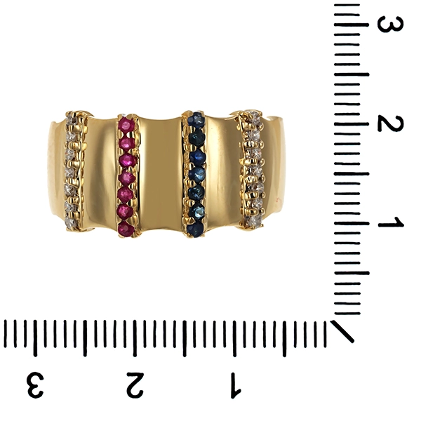 Ring, 14K, Gelbgold, Brillanten, Saphire, Rubine