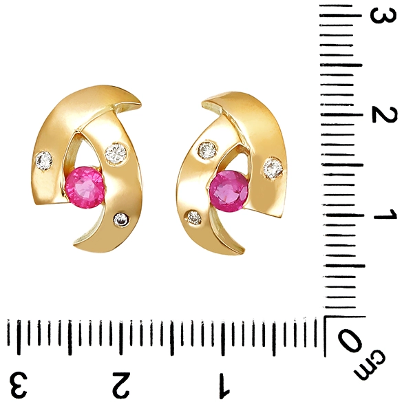 Ohrstecker, 14K, Gelbgold, Rubine, Brillanten