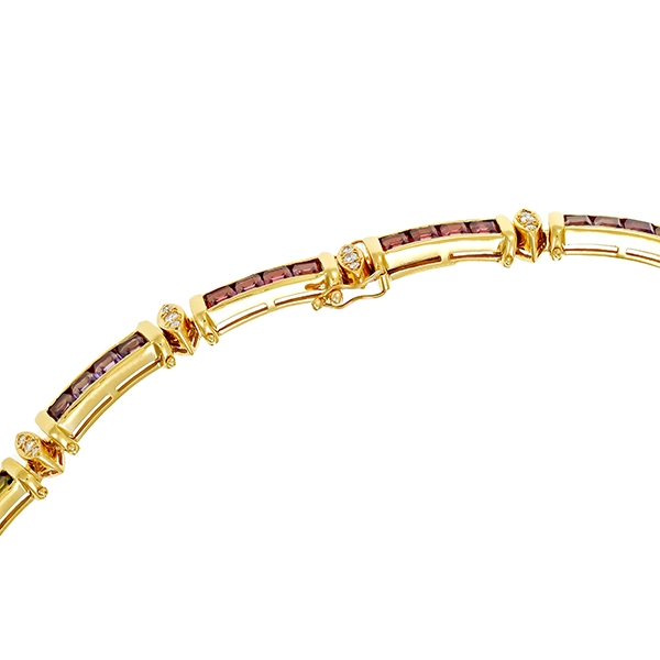 Collier 750 / 67,60gr Gelbgold  L 41cm Fremdzertifikat  51 Brill. z.ca.  1,02ct  W (H) VS-SI 20 Turmaline 8 Amethyste 4 Topase 8 Peridot 8 Citrine 8 Granate 4 Tansanite 8 Aquamarine