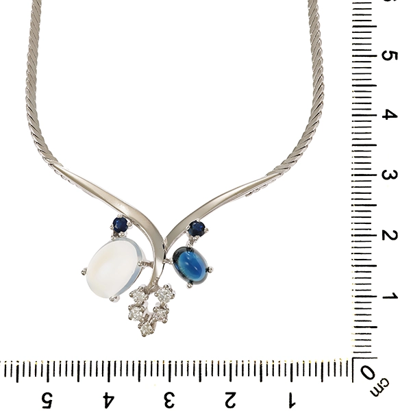 Collier, 14K, Weißgold, Mondstein, Saphir, Brillant