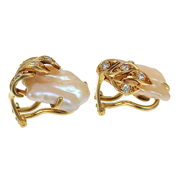 Clip-Stecker, 14K, Gelbgold, Perlen, Diamanten