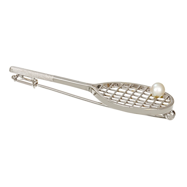 Brosche,14K, Weißgold, Perle, Tennisschläger
