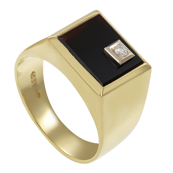 Herrenring, 14K, Gelbgold, Onyx, Brillant