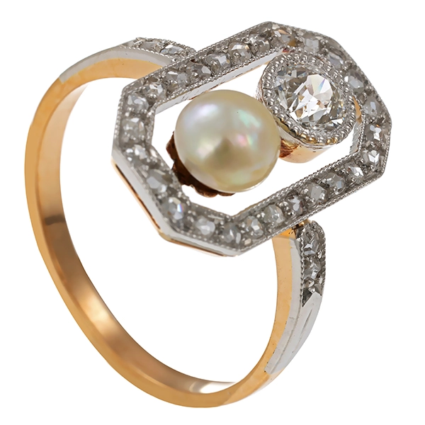 Diamantring, 14K, Gelb-/Weißgold, Diamantrosen, Diamant, Perle