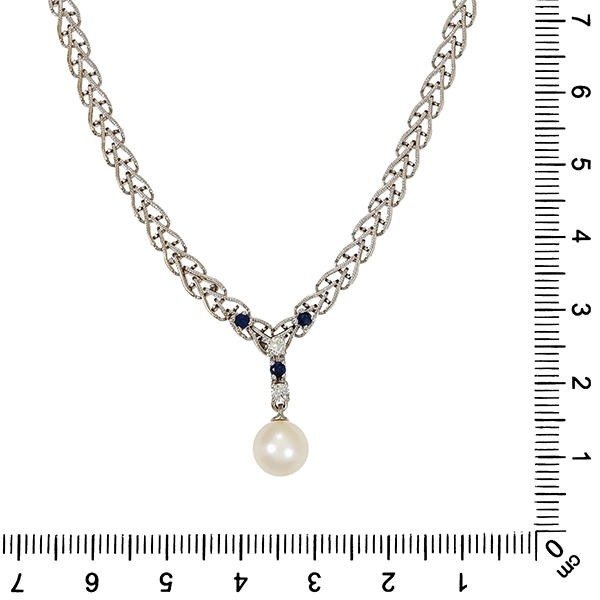Collier, 18K, Weißgold, Perle, Brillanten, Saphire