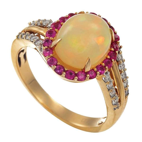 Ring, 14K, Gelbgold, Opal synth. Rubin, Brillant