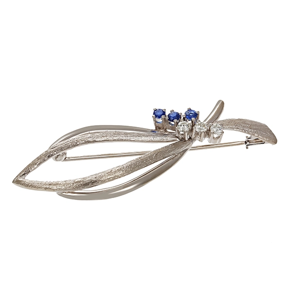 Brosche, 14K, Weißgold, Brillanten 0,21 ct, Saphir