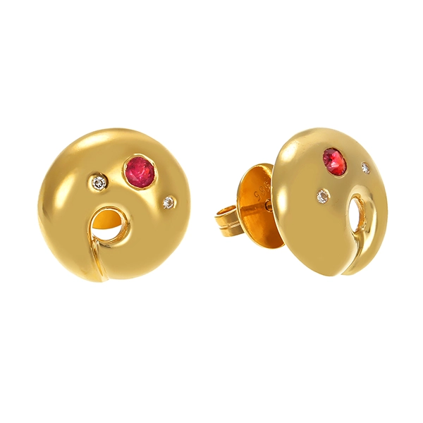 Ohstecker, 14K, Gelbgold, Rubine, Brillanten