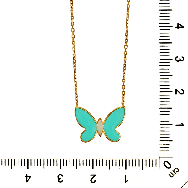 Collier, 14K, Gelbgold, Emaille, Schmetterling
