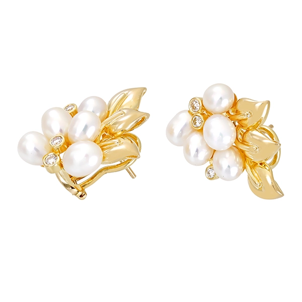 Clipstecker, 14K, Gelbgold, Perlen, Brillanten