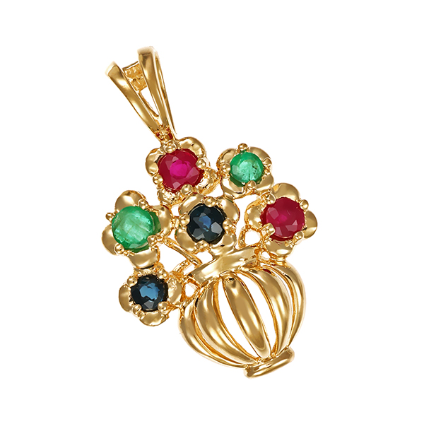 Anhänger, 14K, Gelbgold, Smaragd, Saphir, Rubin