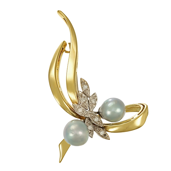 Brosche, 14K, Gelb-/Weißgold, Perlen, Brillanten