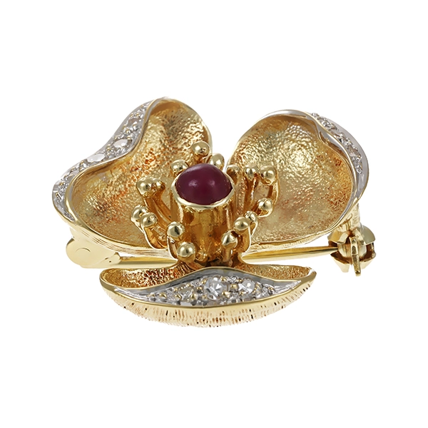 Brosche, 14K, Gelb-/Weißgold, Diamanten, Rubin