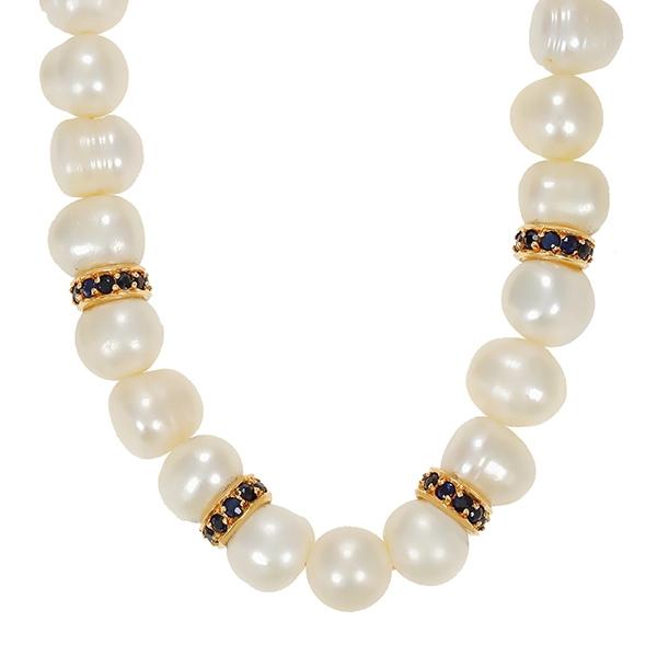 Perlenkette, 18K, Gelb-/Weißgold, Brillanten, Saphire