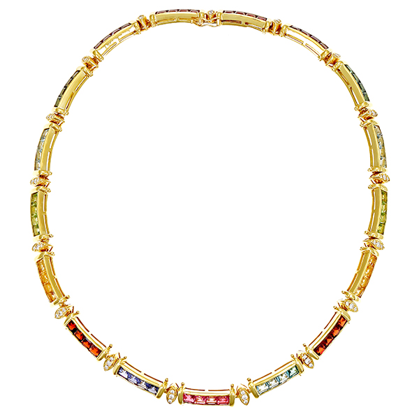 Collier 750 / 67,60gr Gelbgold  L 41cm Fremdzertifikat  51 Brill. z.ca.  1,02ct  W (H) VS-SI 20 Turmaline 8 Amethyste 4 Topase 8 Peridot 8 Citrine 8 Granate 4 Tansanite 8 Aquamarine