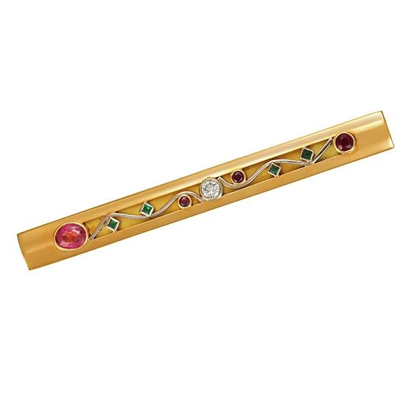 Krawattenhalter, 18K, Gelbgold, Turmalin, Smaragd, Brillant, Rubin