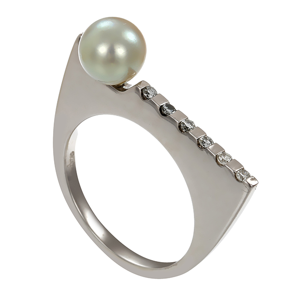 Ring, 14K, Weißgold, Perle, Brillanten 
