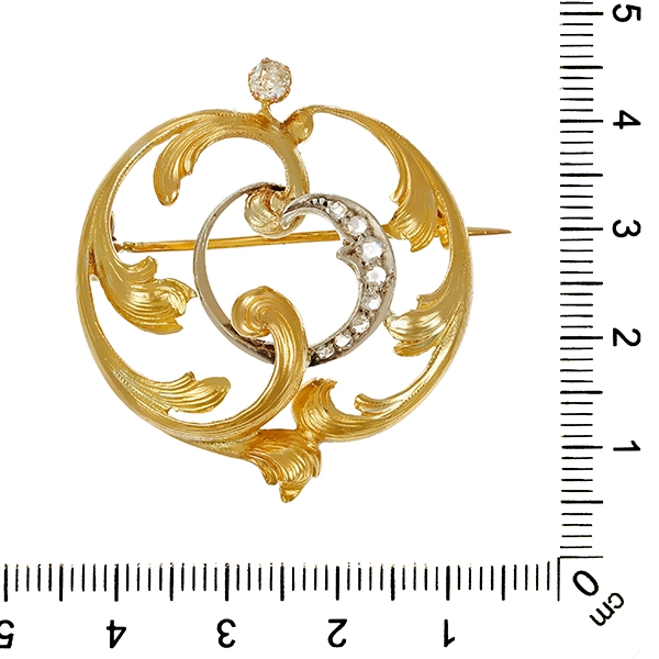 Brosche, 18K, Gelb-/Weißgold, Diamant, Diamantrosen, Antik,