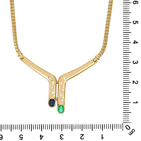 Collier, 14K, Gelbgold, Saphir, Smaragd, Brillant