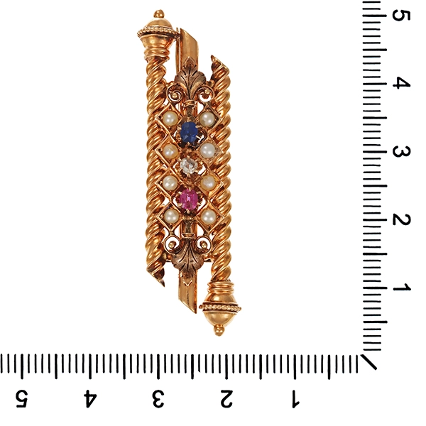 Brosche, 14K, Rotgold, Perlen, Rubin, Saphir, Antik