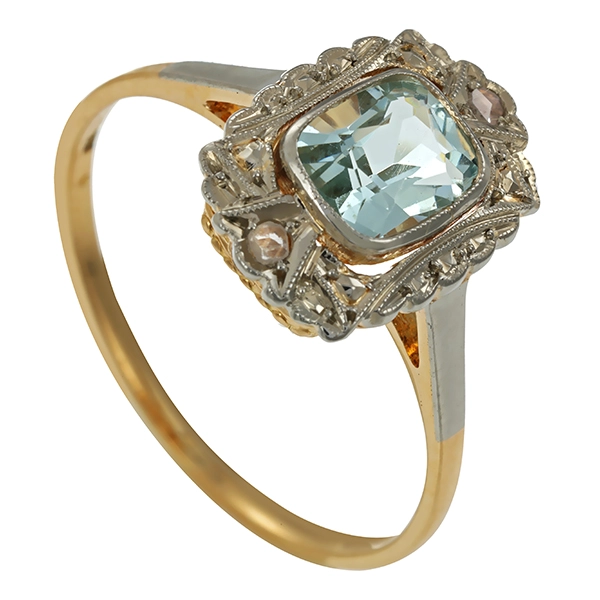 Ring, 14K, Gelb-/Weißgold, Beryll, Diamantrosen